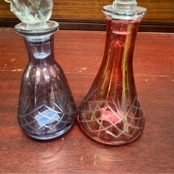 Vintage Bohemia Perfume Bottles  Cut to Clear Crystal Hand Cut Set of 2 - Picture 4 of 9